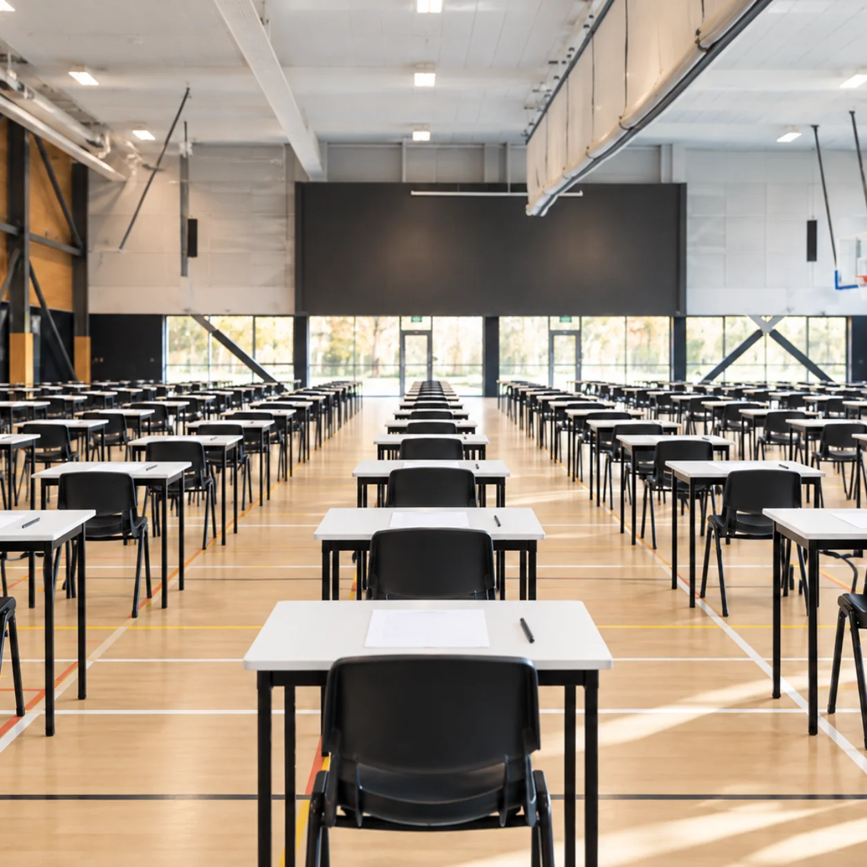 Rows of desks set up in an exam hall