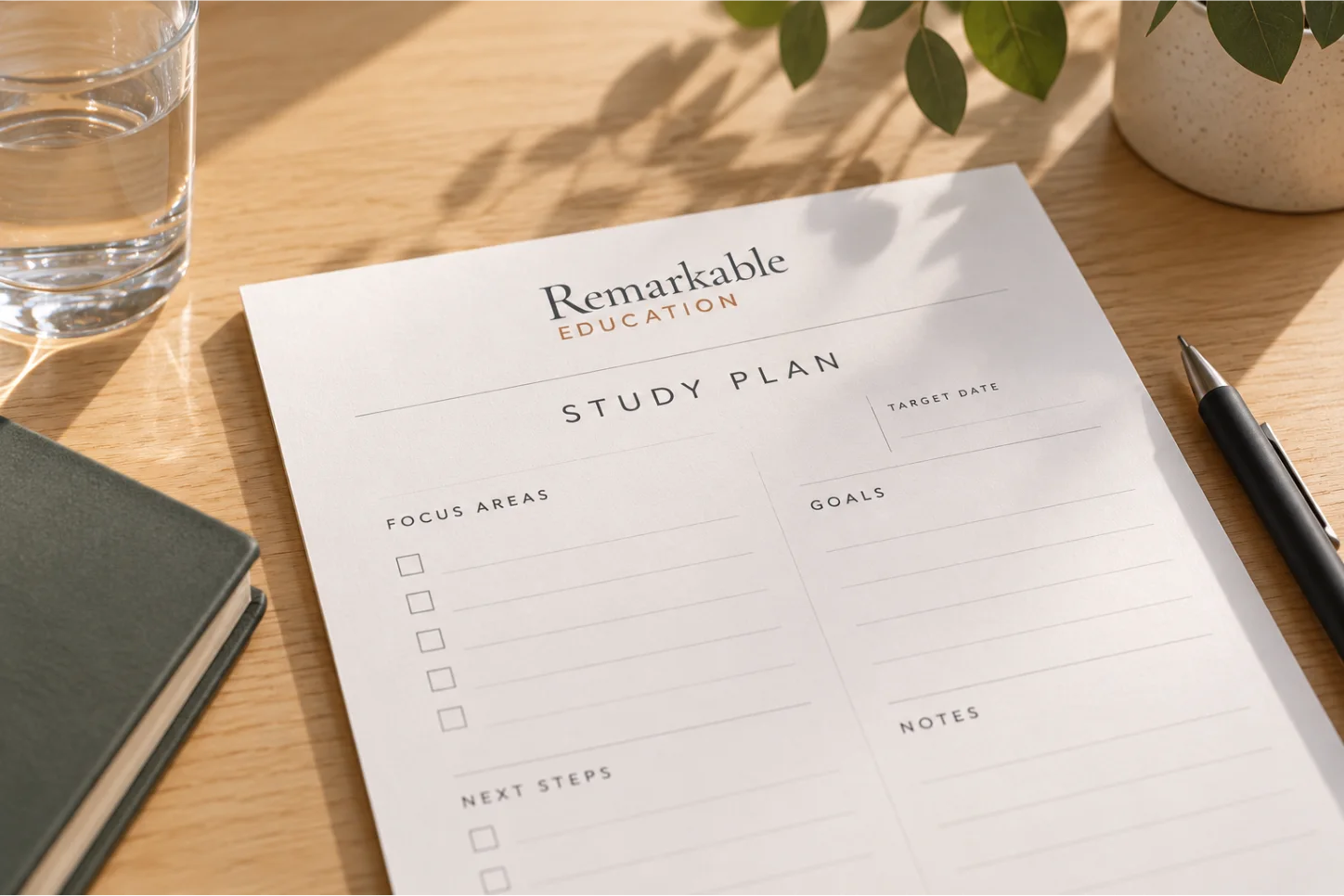 A Remarkable Education study plan on a desk